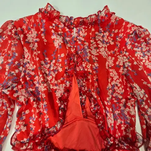 R.Vivimos Long Sleeve Floral Boho Mini Dress in Red Floral Size M
