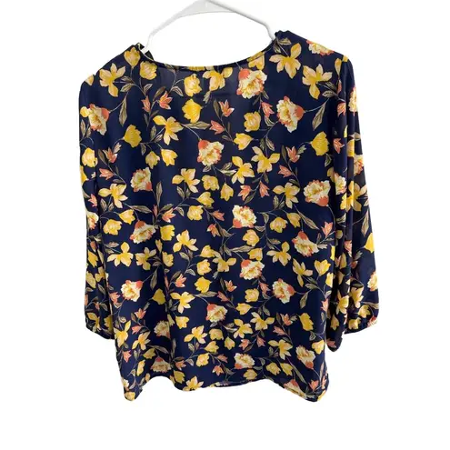 Nine Britton Navy Floral Scalloped V-Neck Blouse Size M