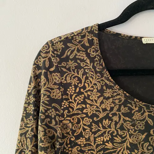 Peruvian Connection Black Brown Floral Long Sleeve Shirt Women's size Small - Image 3