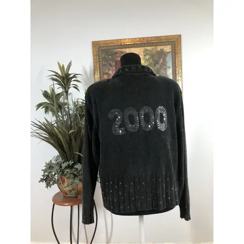 Richard Sport Women LG Cardigan Sweater Long Sleeve Full Zip Gray Knit Y2K Boho