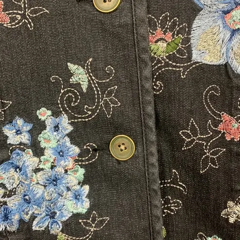 Denim & Co womens small black floral embroidered button up jacket blazer fairy b