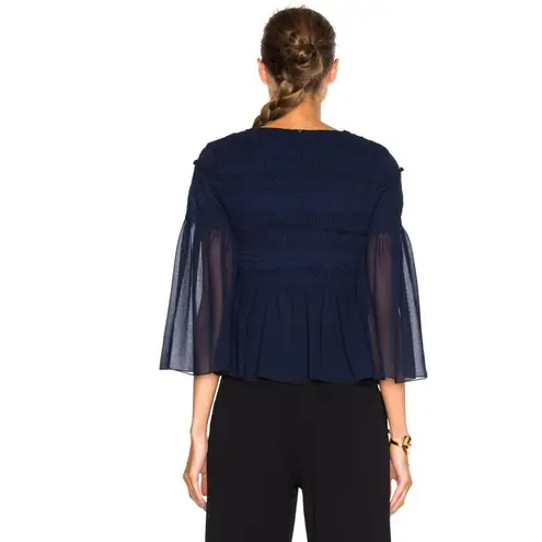 See By Chloe Dark Navy Peasant Top Sheer Sleeves Smocked Bodice Boho Sz 4