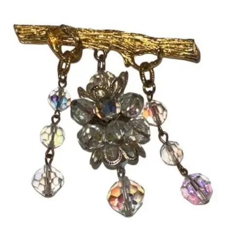 Vintage Rare JEANNE AB Crystal Tassel Dangling Brooch Gold