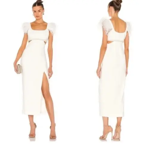 Likely  Taliah Feather-Embellished Cut-Out Midi-Dress Formal Bridal White Ivory