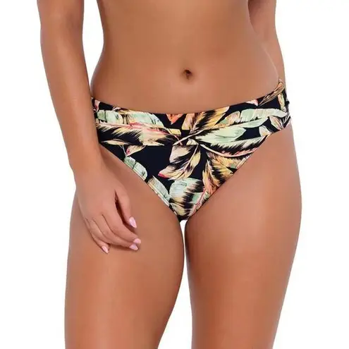Sunsets Escape Retro Retreat Black Tropical Floral Print Foldover Bikini Bottoms Size M