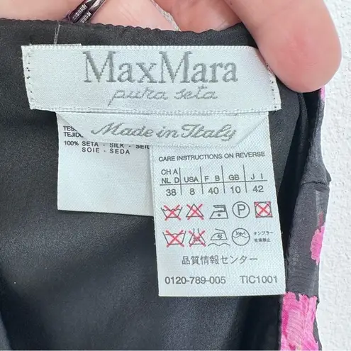 Max Mara Vintage 90s Silk Tulip Pink and Black Floral Flowy Midi Skirt Size 8