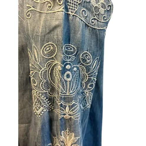 Vintage America Blues SZ SM Denim Embroidered Button Down Faded Crinkle Design Blue