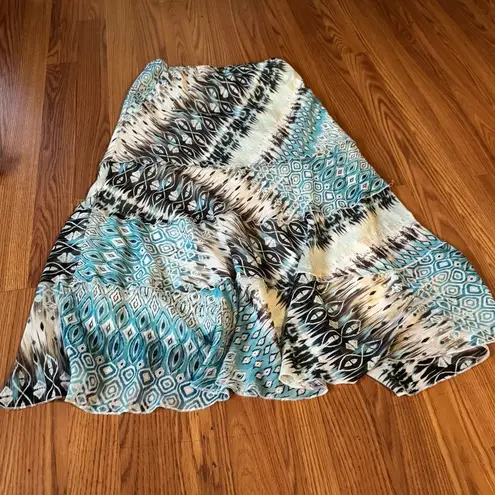 Sara Michelle Ruffle Tiered Blue Brown Patterned Women's Maxi Skirt Size S Y2k