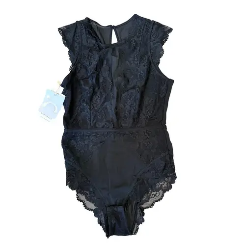 Commense Semi Sheer Backless Lace Bodysuit Stretch Black Mesh Medium