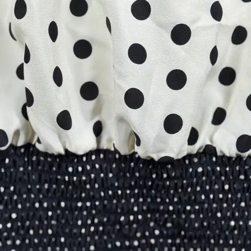 Retro Betty Blouse Polka Dot V Neck Dolman Sleeve Smocked Waist Pinup Rockabilly White Size M