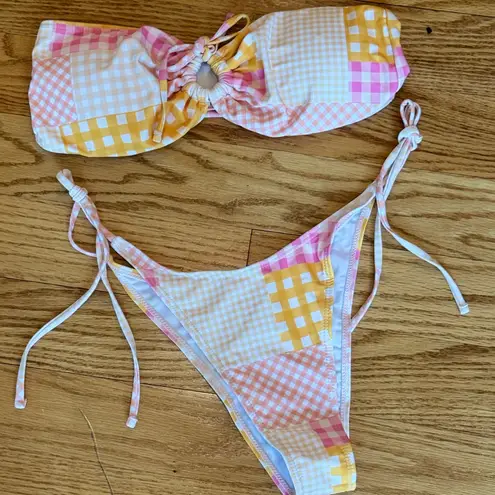 Retro Gingham Plaid Bikini Set Bandeau Pink Orange L Multiple Size L