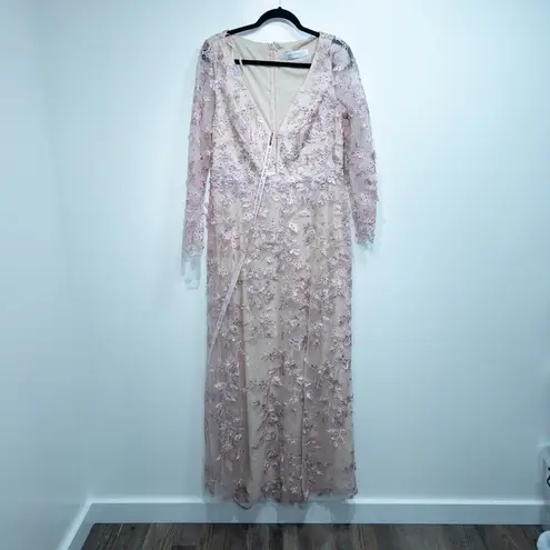 Mac Duggal 70224 Rose Pink Floral Applique Long Sleeve Illusion Gown Size 12 NWT