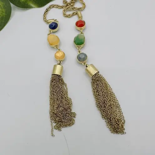 Vintage Gold Tone Open Chain Beaded Tassel Long Necklace