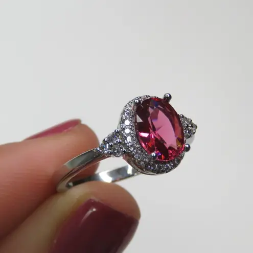 Zales Ruby & Cubic Zirconia Halo Sterling Silver Ring Size 7 SYNTHETIC