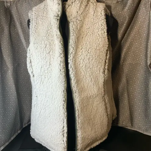 Free Country Womens Full Zip Vest Reversible Green Quilted Plush, pockets Small