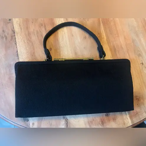 Vintage 1950s La France Petite Needlepoint Wool Clasp Handbag Clutch Purse Black