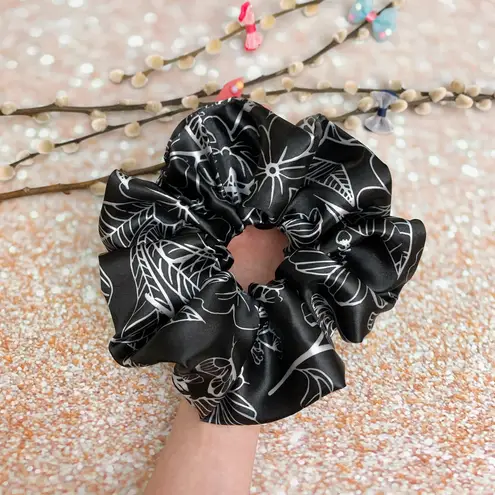 JUMBO Scrunchie Black And Silver Floral Satin Silk Scrunchie Oversized Scrunchie Xxl Scrunchie - Image 2