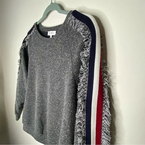 THML Sz M Gray Fringe Racing Stripes Sweater