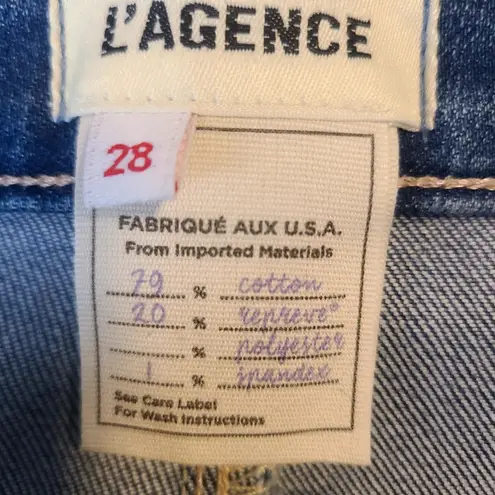 L'Agence Kendra High Rise Crop Flare Jeans Zip Raw Hem Regal Coated Women's 28