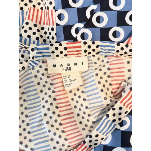 Marni H&M Womens Top Blue Geometric Two Tone V Neck Long Sleeve Blouse Size 10