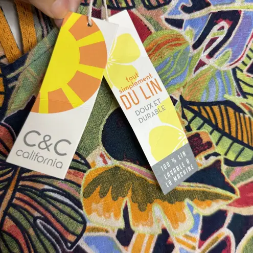 C&C California Dress Womens Medium Linen Sleeveless Tropical Floral Print Summer