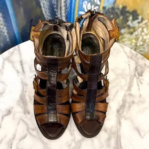FREEBIRD by Steven Freebird Breez Strappy Leather Gladiator Sandal Heels Brown Multi 8 EUC