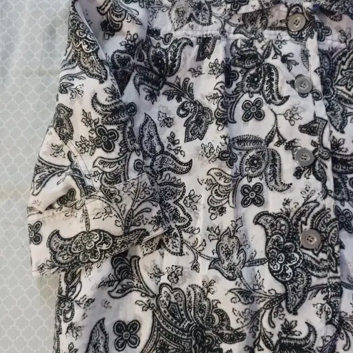 Charter Club womens 100% Linen shaket jacket white black floral button up XL