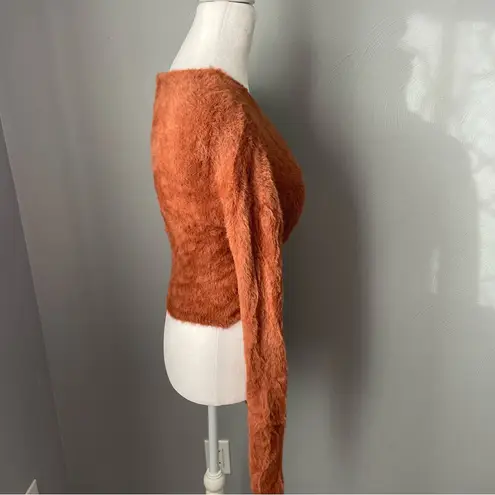 Elodie Pumpkin Spice Burnt Orange Eyelash Knit Wrap Front Crop Top