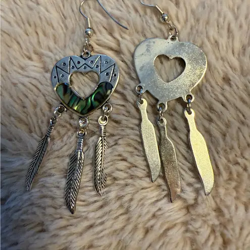 Abalone Silver‎ Tone Earrings Dream Catcher Feather Dangle Green Western Navajo Silver