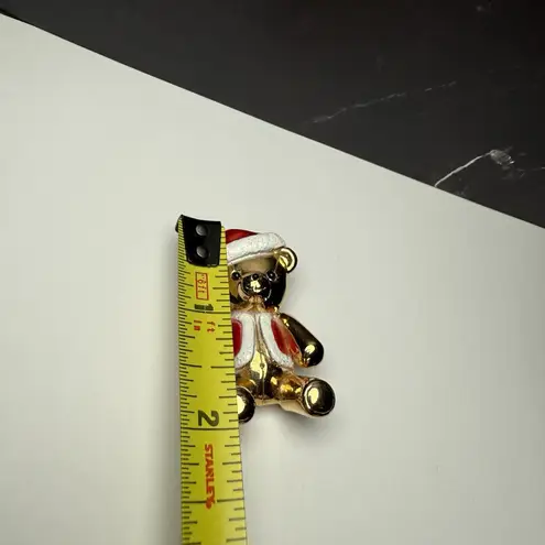 AJC Christmas Teddy Bear In Santa Clause Hat Enamel Brooch Pin Gold Tone Signed