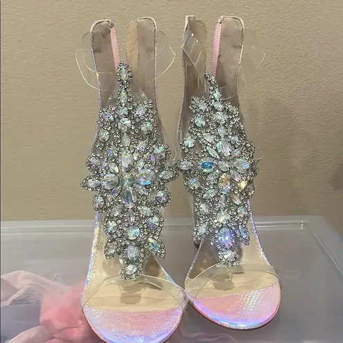 Silver and White Stiletto Heels with Crystal Embellishments Size 8