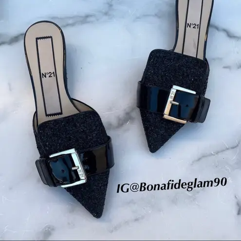 No. 21 women’s black glitter pointed buckle mules slides sandal size 35 US 5