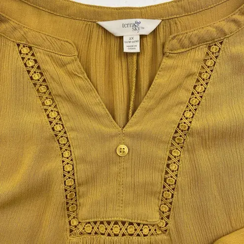 Terra & Sky 2X Peasant Top Crinkle Long Sleeve Woven Apple Juice Yellow Gold