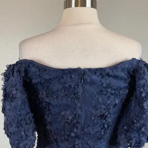 XScape  Women's Cocktail Dress Size 6 Blue 3D Floral Lace Off the Shoulder Sheath