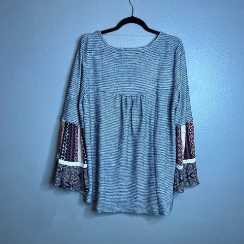 One World Knit Bell Sleeve Top Plus Size 2X Boho Patchwork Tassel Flowy NEW