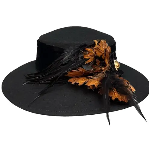 Vintage Black Feather Embellished Wide Brim Hat Small
