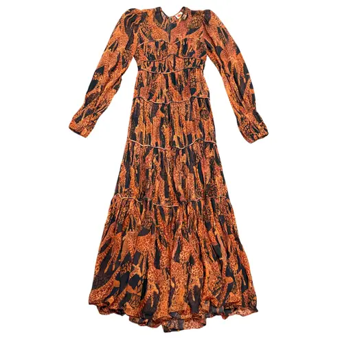 Farm Rio Giraffes Puff Sleeve Maxi Dress in Brown Multi, Size XS