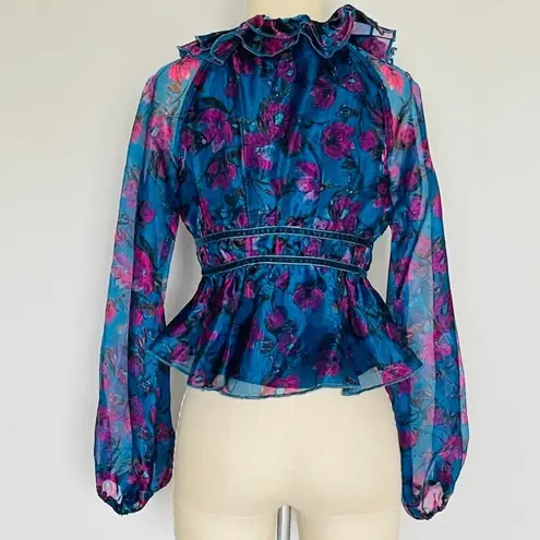 Dee Elly Vici Blue Purple Floral Tie Front Peplum Top