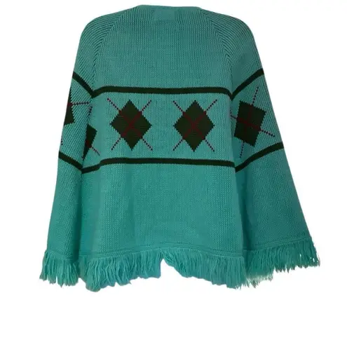 Vtg Carol Brent Teal Argyle Knit Cape Poncho Sweater 60s 70s Fringe O/S Preppy Green Size undefined