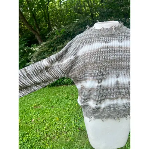 Poof Apparel Gray Grey Green White Ivory Tie Dyed Destroyed Frayed Sweater Women's S Small