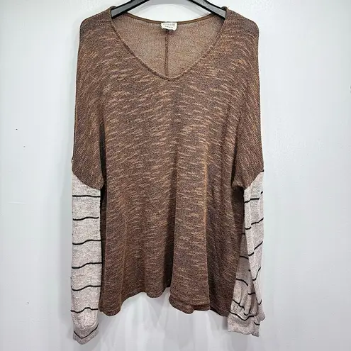 Peach Love California Brown Lightweight Sweater Striped Balloon Sleeves Slouchy