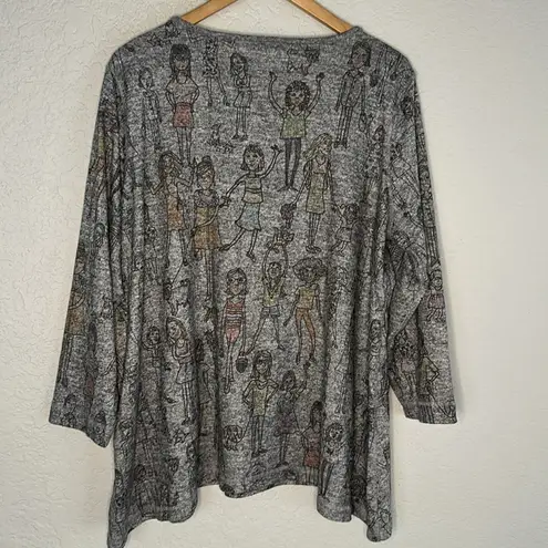 Ali Miles 1X Grey Pullover Top Girl Power Cat Dog Artsy Women Teacher Graphic Gray