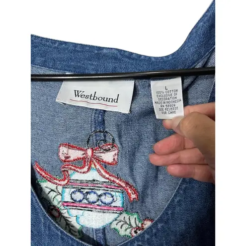 Westbound Vintage Christmas Denim Maxi Dress Button Front Embroidered L