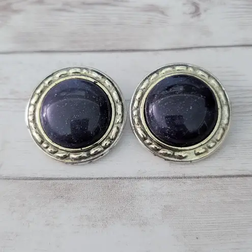 Vintage Clip On Earrings Speckled Midnight Tones with Gold Tone Halo