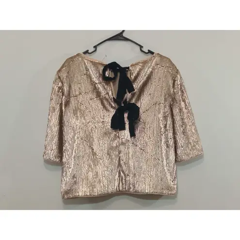 J. Crew Women’s Top Sequin Black Ribbon Zip Back Closure Gold MSRP $148 Size 8