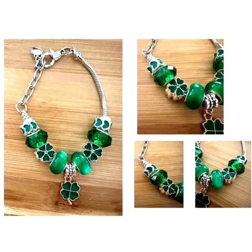 St Patricks Day Four Leaf Clover Bracelet New Beaded Charms Heart Dangle… Silver