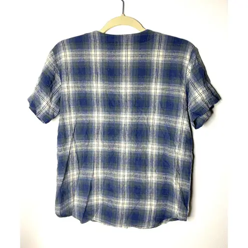 VTG Silk Exchange Blue Plaid Button Up V Neck Short Sleeve Silk Shirt Womens S