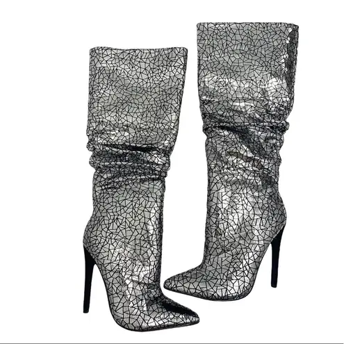 Shoedazzle  Beckey Slouchy Stiletto Boot Faux Leather Silver Foil Size 5.5 New