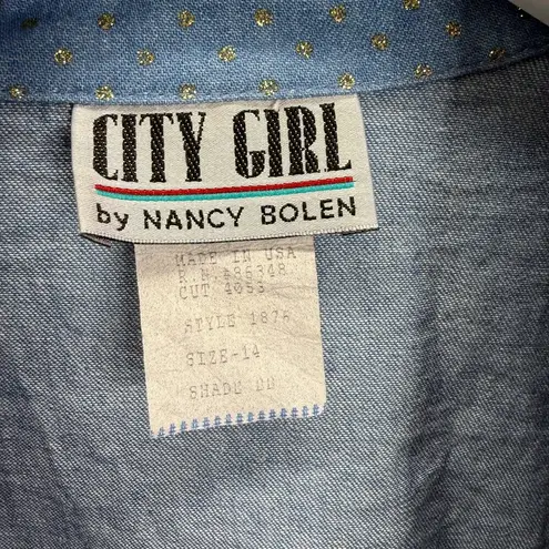 Vintage City Girl by Nancy Bolen Denim Gold Sparkle Jacket Size 14 XL Embellish Blue