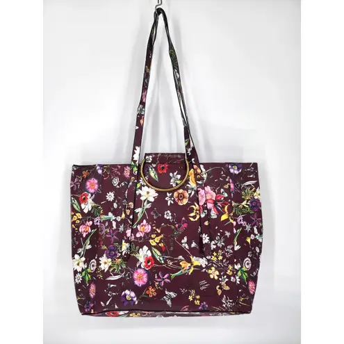 Burgundy Floral Vinyl Tote Bag Gold Ring Detail Large Work Purse 18x12x6 Red